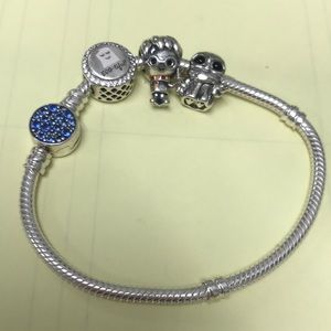 Brand new size 7 1/4 woman’s Pandora bracelet with blue decorative clasp